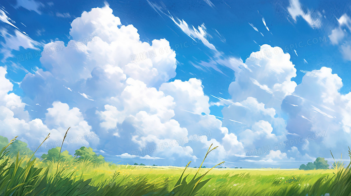 晴朗天气绿色山坡草地风景插画