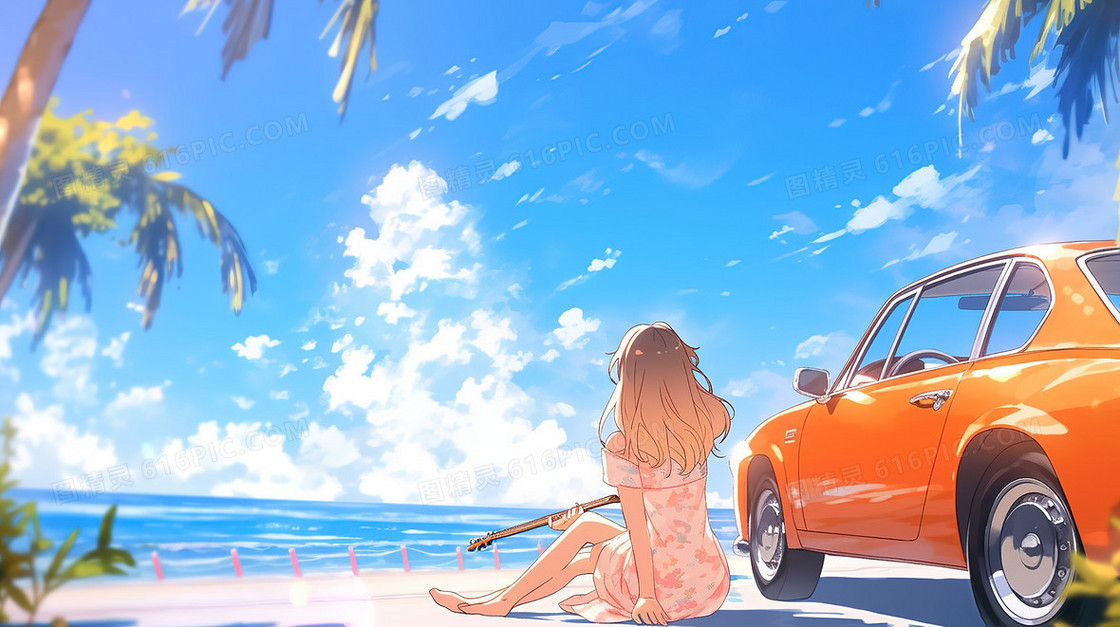 阳光沙滩上的汽车和女孩插画