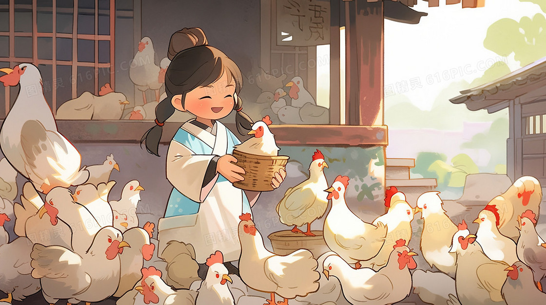 鸡场里饲养土鸡的小女孩插画