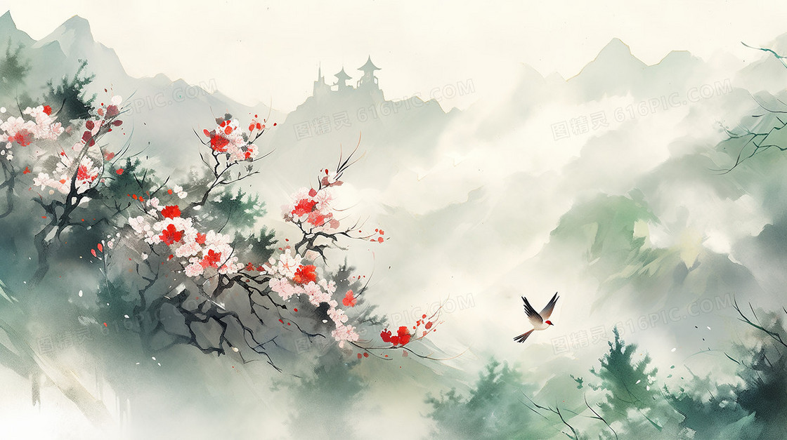 云雾中山间红色的花水墨画插画