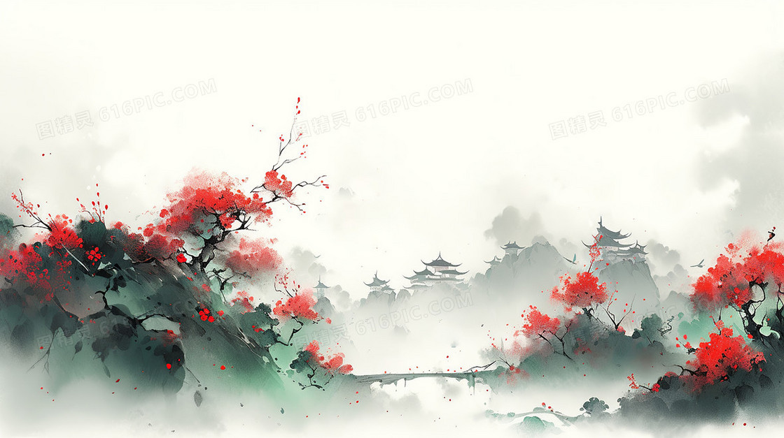 云雾中山间红色的花水墨画插画