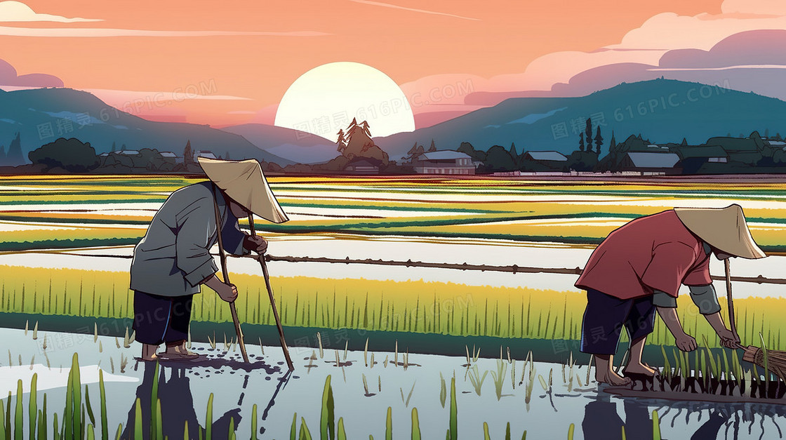 绿色水稻田野里劳作的农民插画