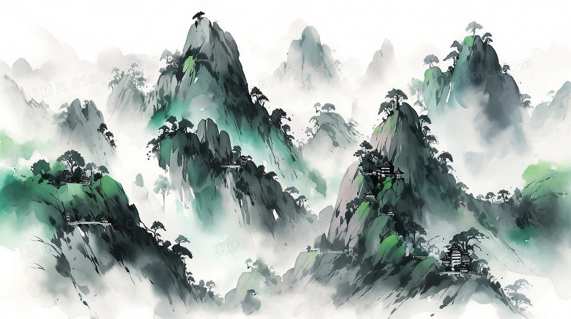 云雾中山连山水墨画插画