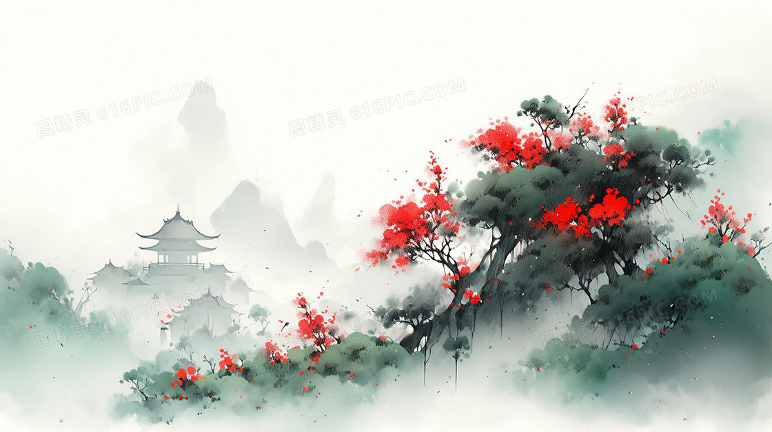 云雾中山间红色的花水墨画插画