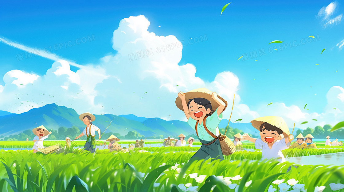 农田里体验劳作的学生们插画