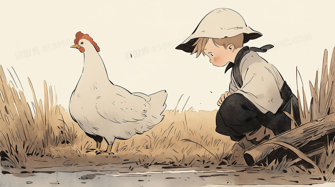 农村养鸡的小男孩插画