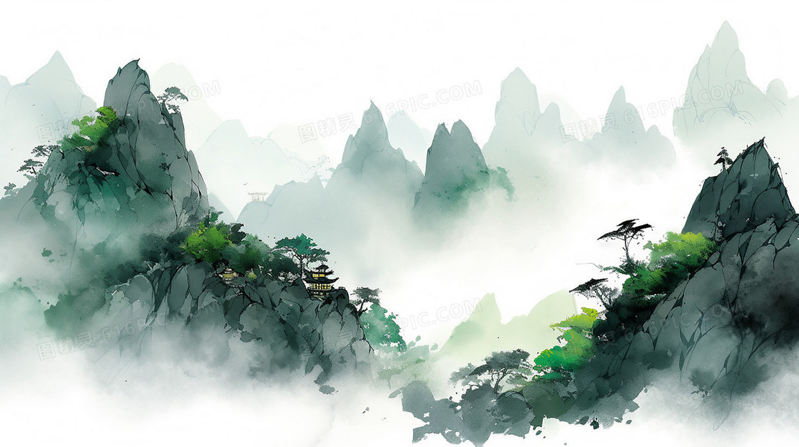云雾中山连山水墨画插画