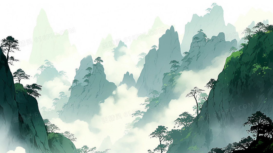 云雾中山连山水墨画插画