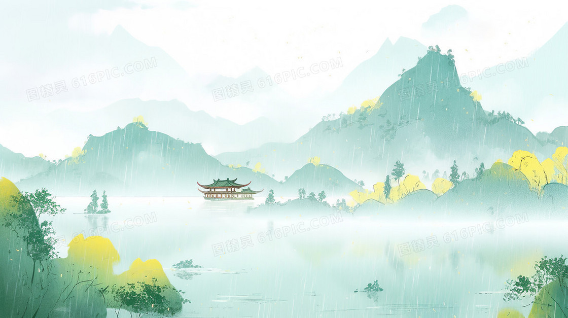 雨水季下山间湖水边小船飘荡中国意境绿色背景插画
