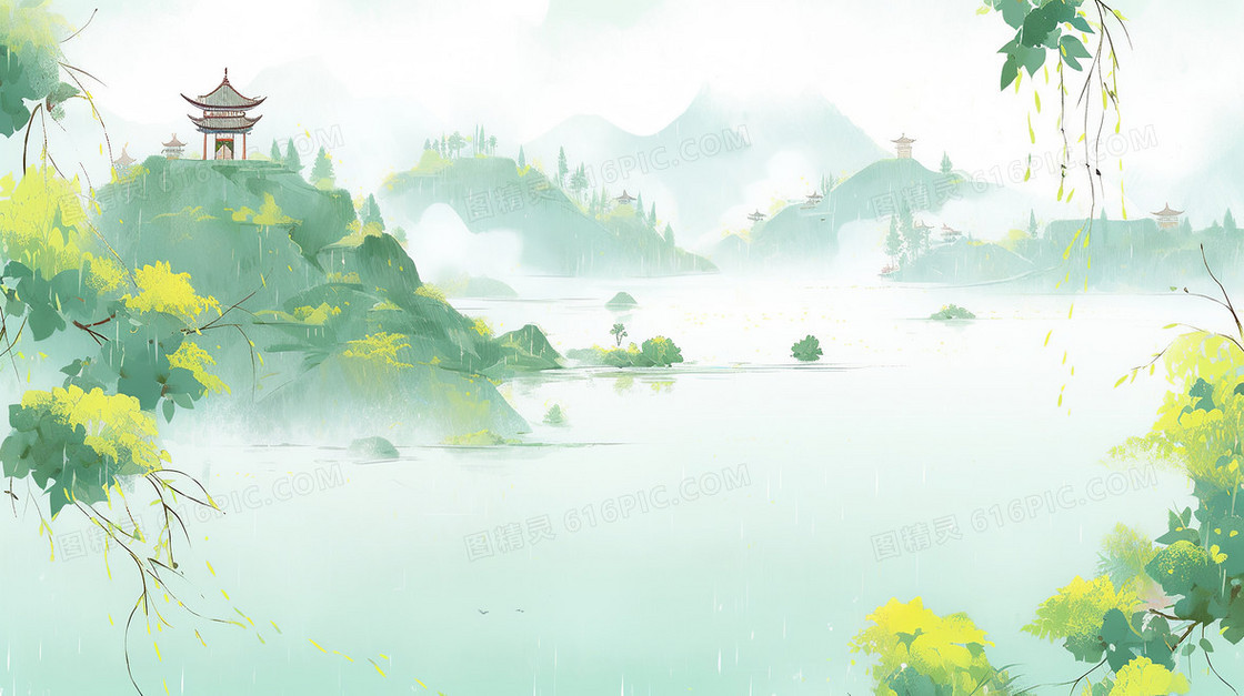 雨水季下山间湖水边小岛上有个小亭子中国意境绿色背景插画