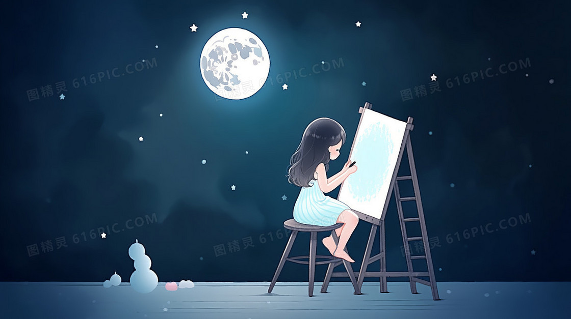 夜晚可爱的女生在房间里面画板前绘画插画