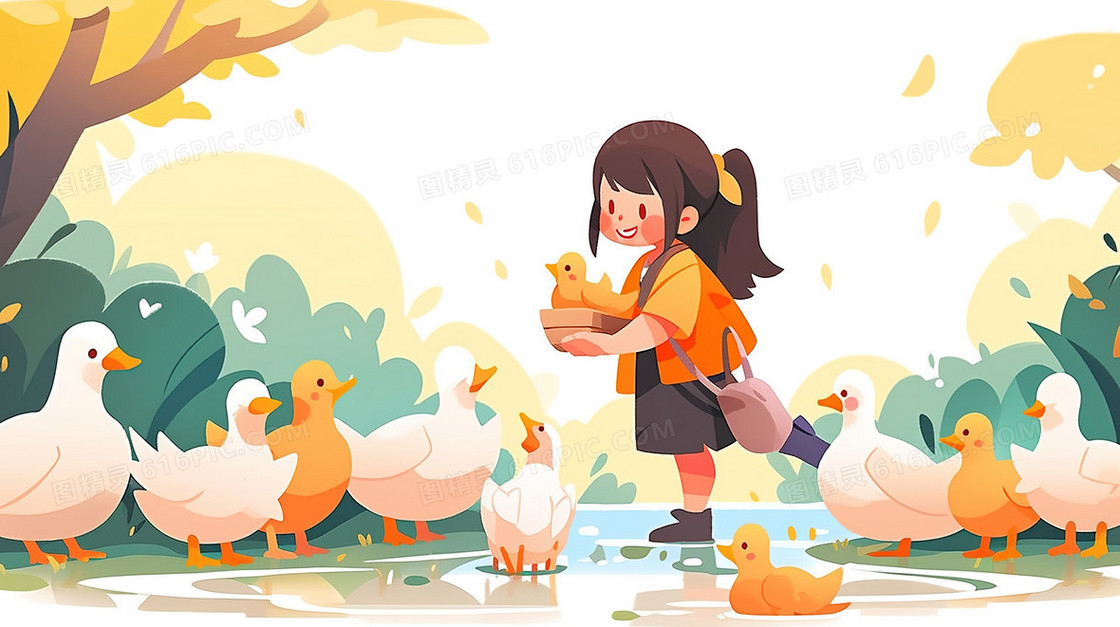 森林水塘边的鸭群和女孩插画
