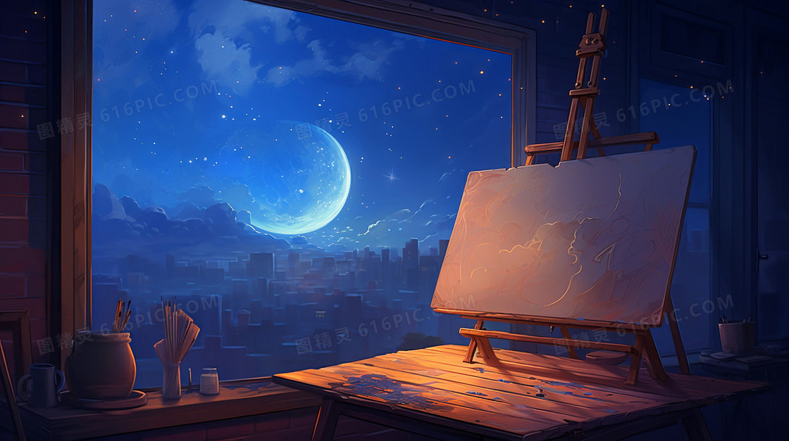 皎洁的月光下一个窗户前的画板插画