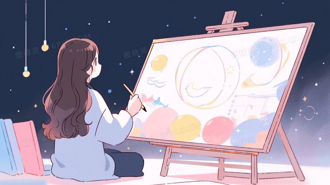 夜晚可爱的女生在房间里面画板前绘画插画