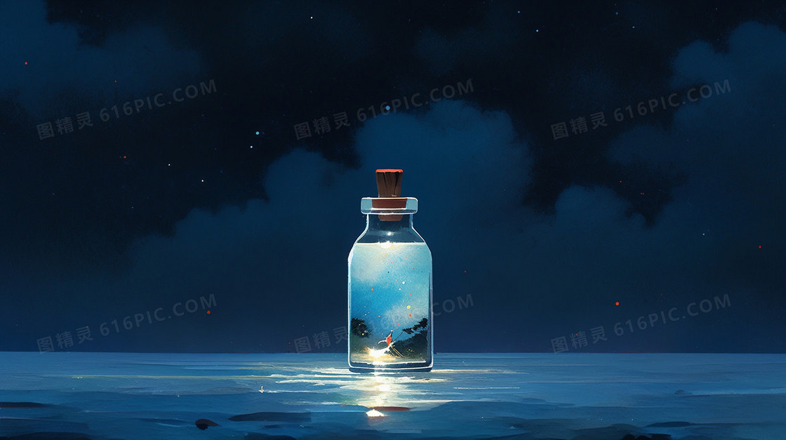 海平面上梦幻漂流瓶插画