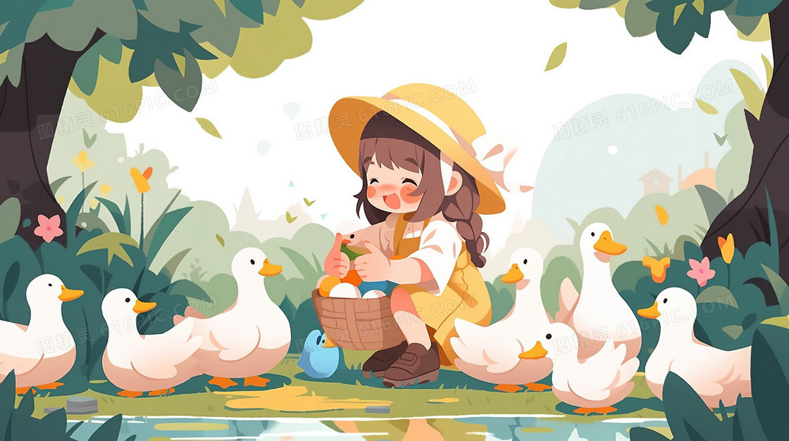 森林水塘边的鸭群和女孩插画