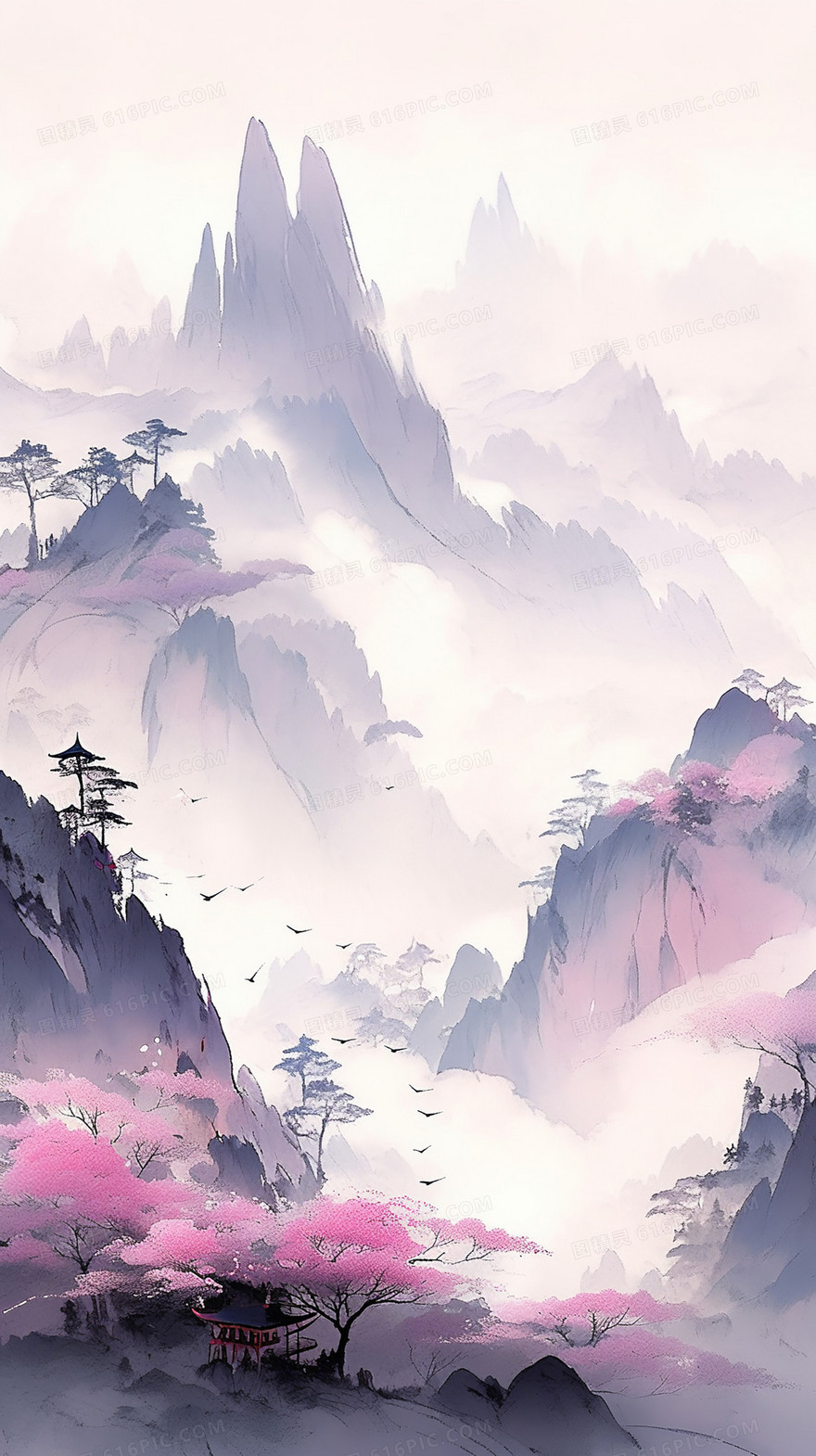 山间景色紫色的树木屹立在山间插画