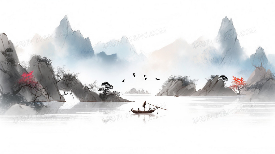水墨色山水间湖泊上小船划行插画