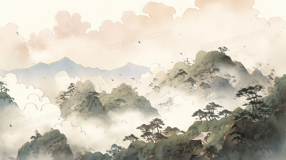 中国风水墨山水风景意境插画