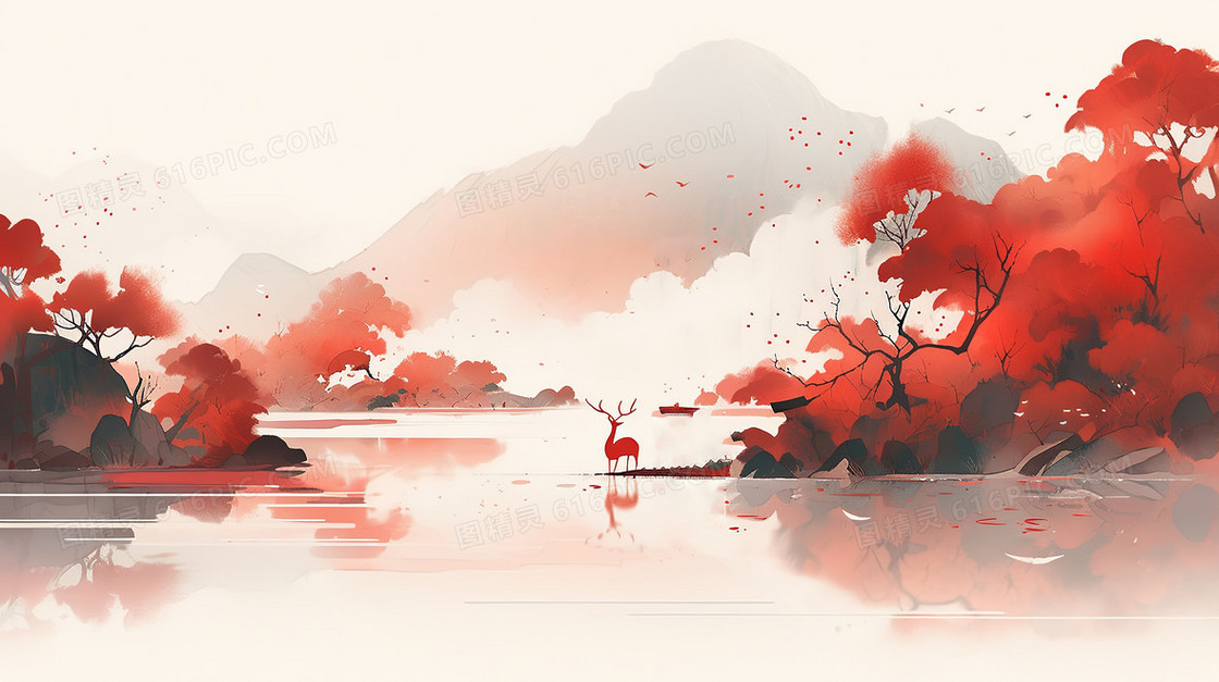 红色树木红色背景山水水墨画插画