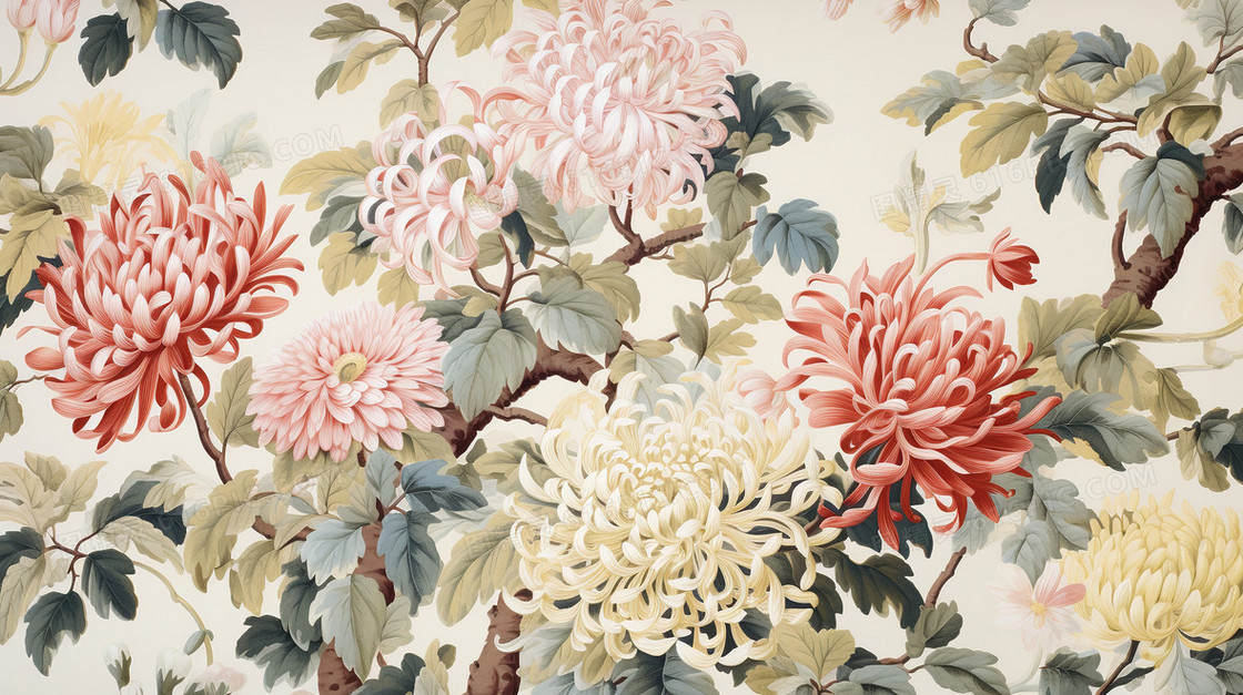 中国风工笔画菊花精美背景