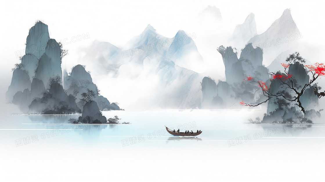 水墨色山水间湖泊上小船划行插画