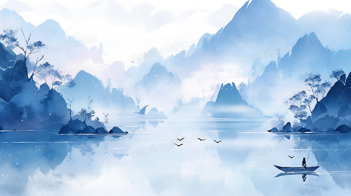 山间水墨蓝色背景下湖水面上飘荡一个小船插画