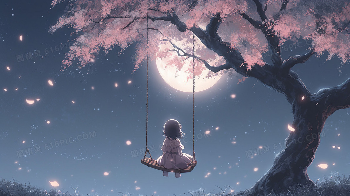 月光下粉红色树木下小女孩在荡秋千插画