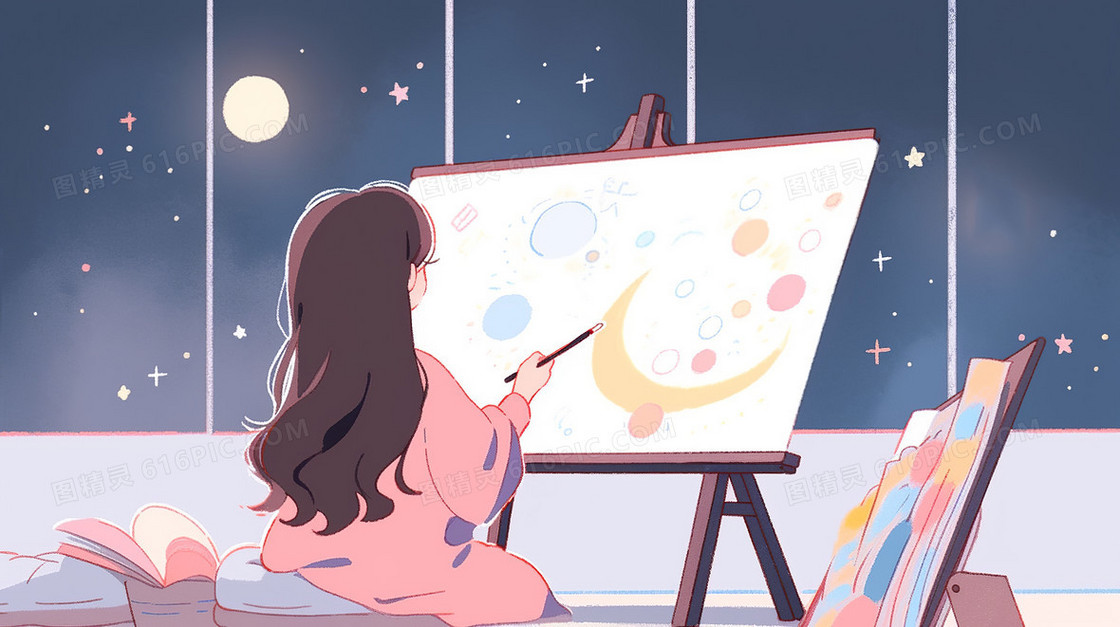 夜晚可爱的女生在房间里面画板前绘画插画