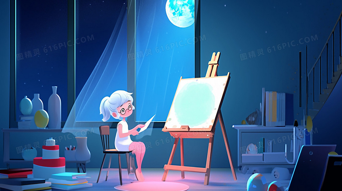皎洁的月光下可爱的女生在画板前绘画插画