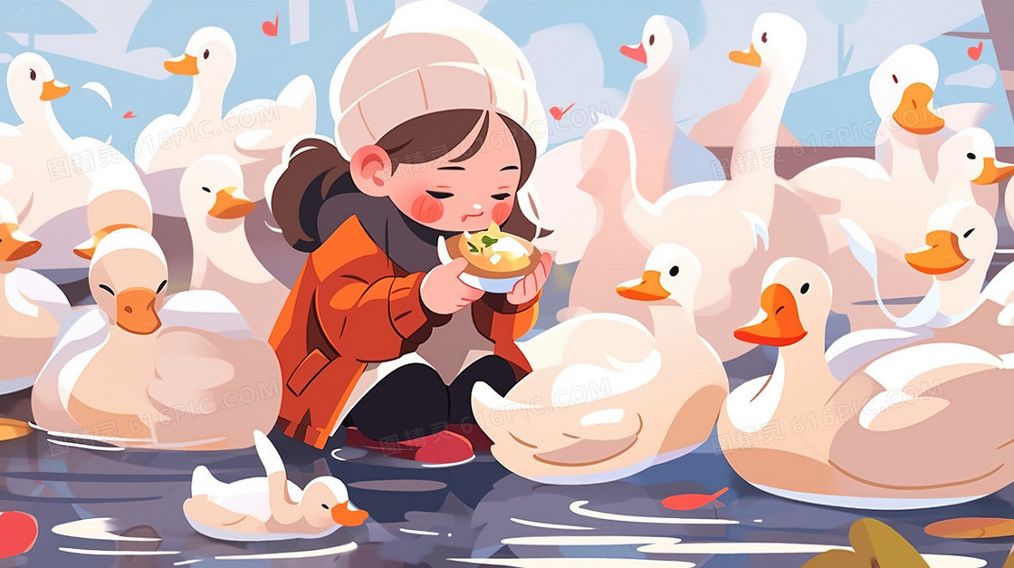 森林水塘边的鸭群和女孩插画