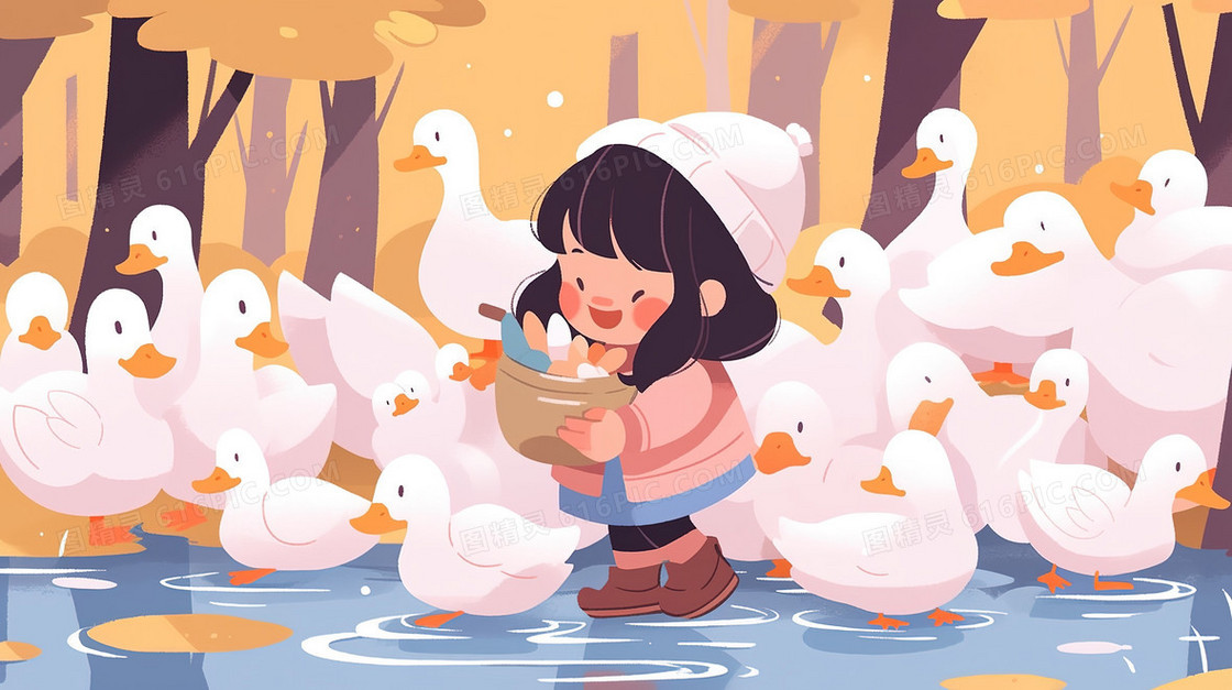 森林水塘边的鸭群和女孩插画