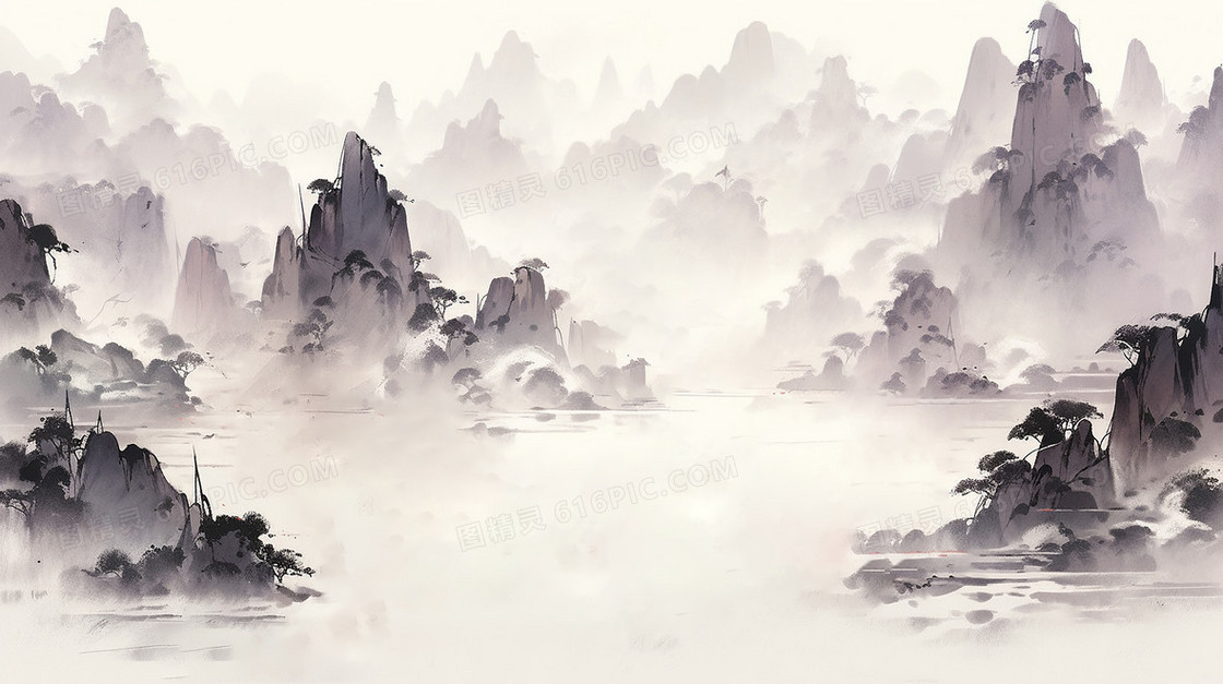 山水间湖泊间的山水水墨色画插画