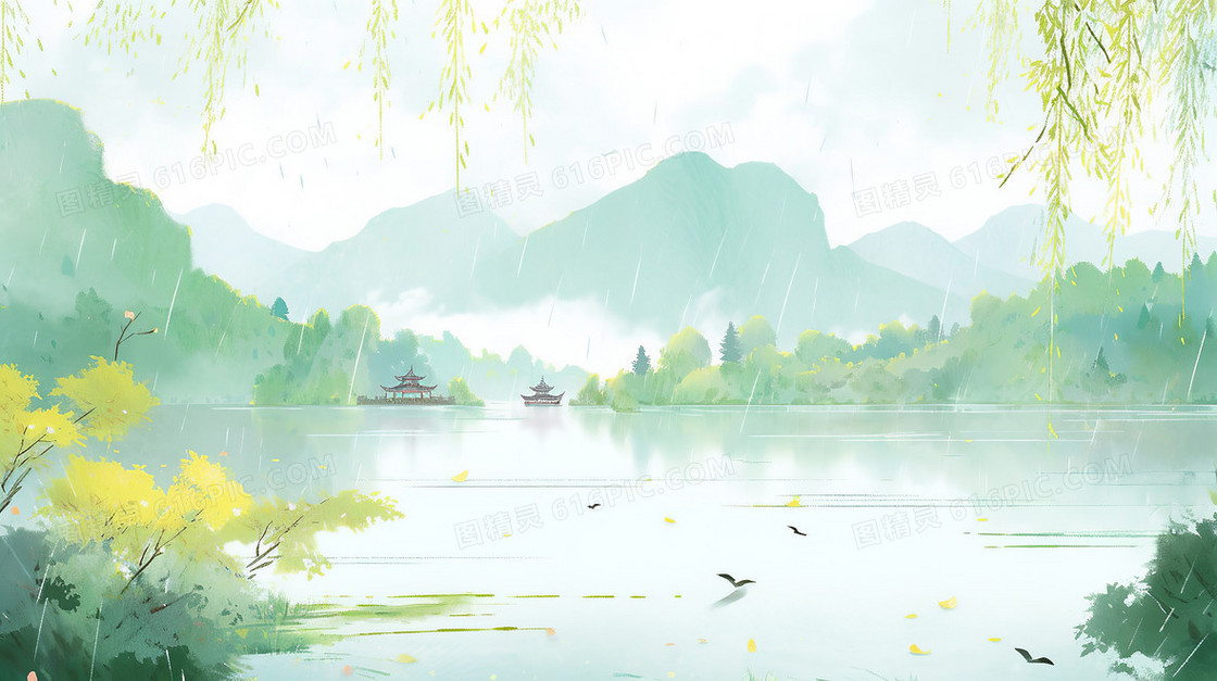 雨水季下山间湖水边小船飘荡中国意境绿色背景插画