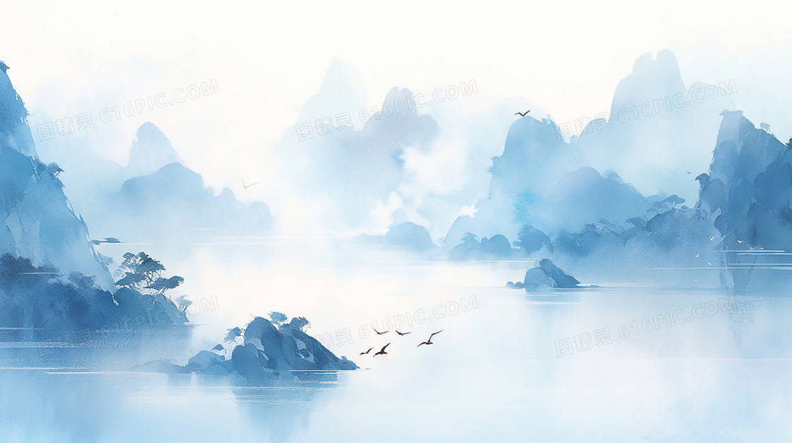 山间水墨蓝色背景下湖水面鸟儿飞翔插画