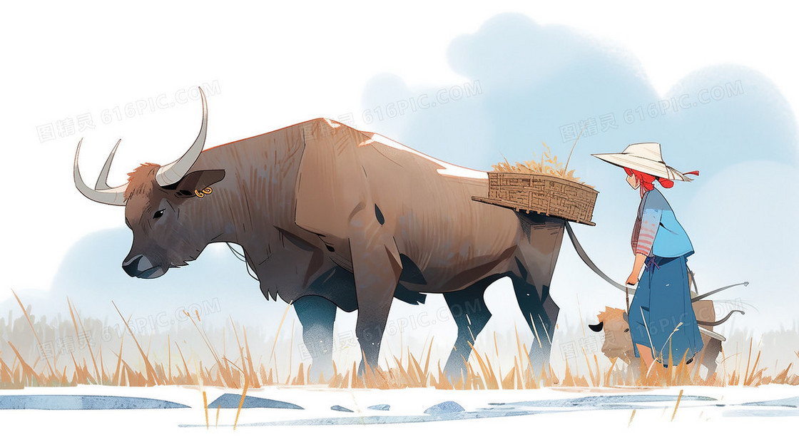 稻田里耕地的水牛和农民插画