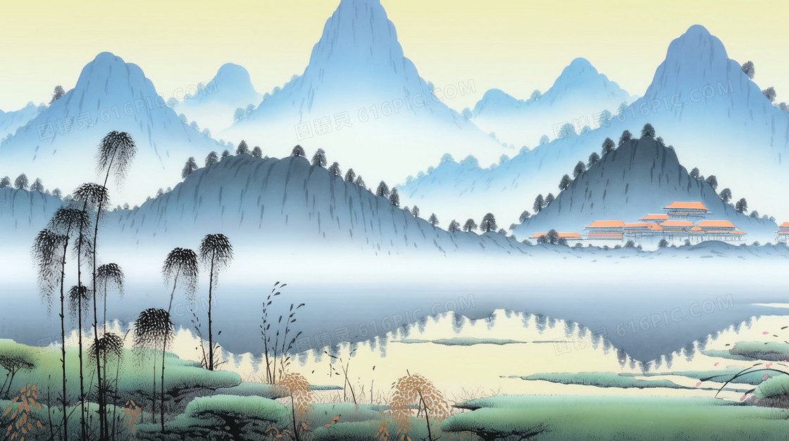 丛山河流中国山水插画