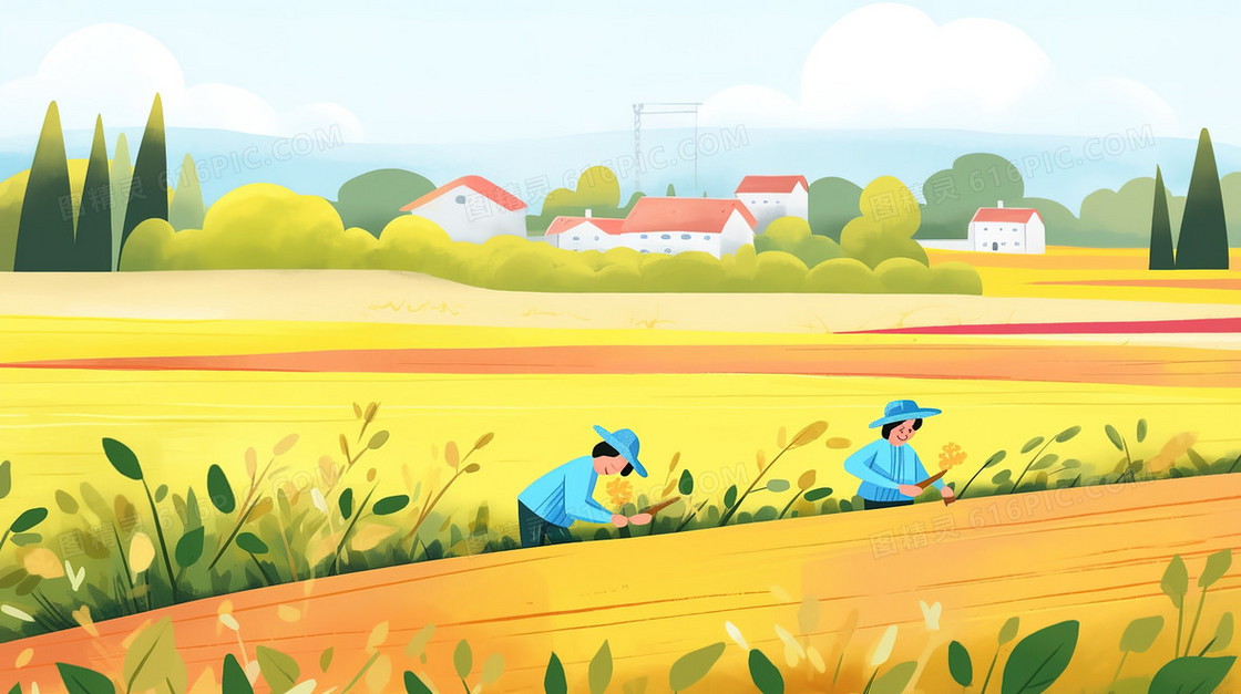 金黄麦田里干活的农民插画