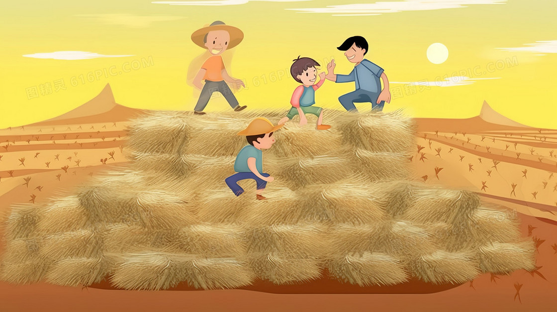田野草垛堆上玩耍的孩子们插画
