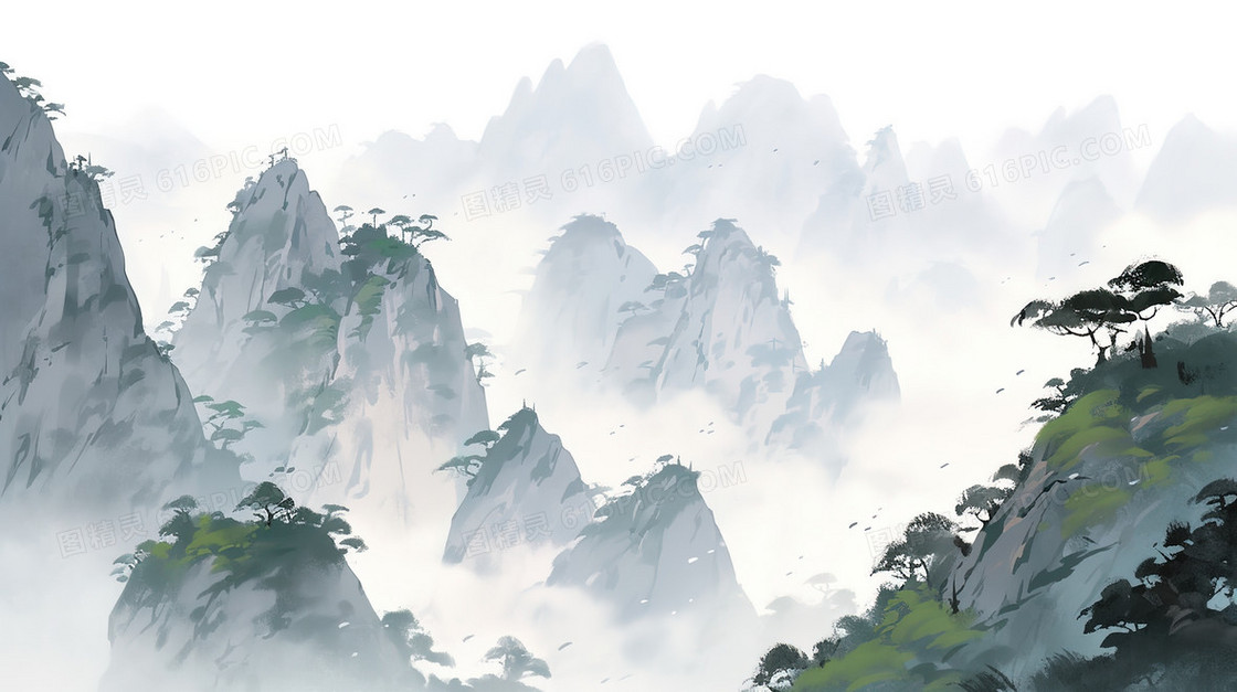 雾中群山中国山水插画