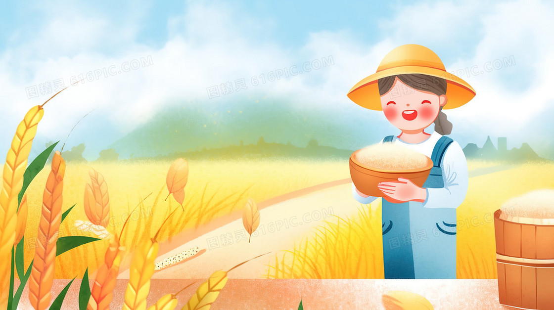 黄金麦田里喜悦丰收的农民插画