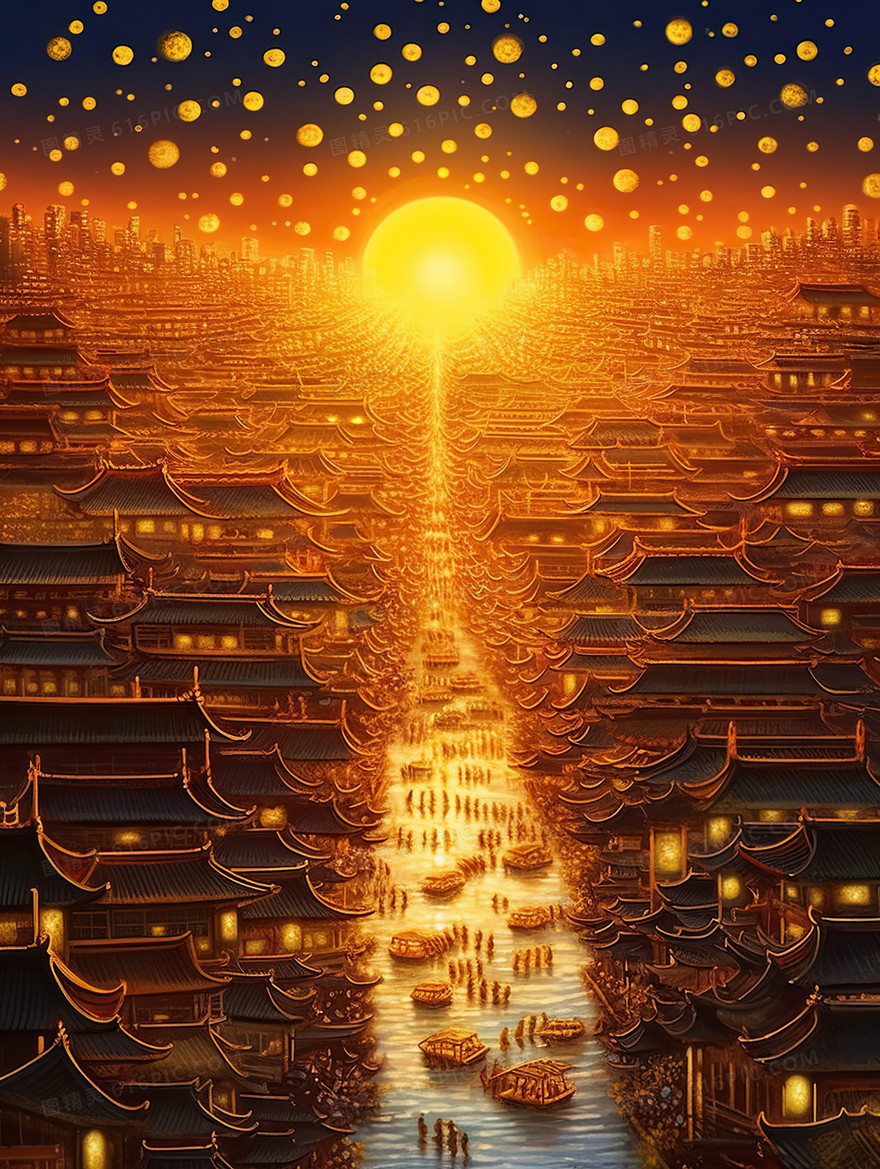 2024新年国潮新年喜庆元宵节建筑场景插画
