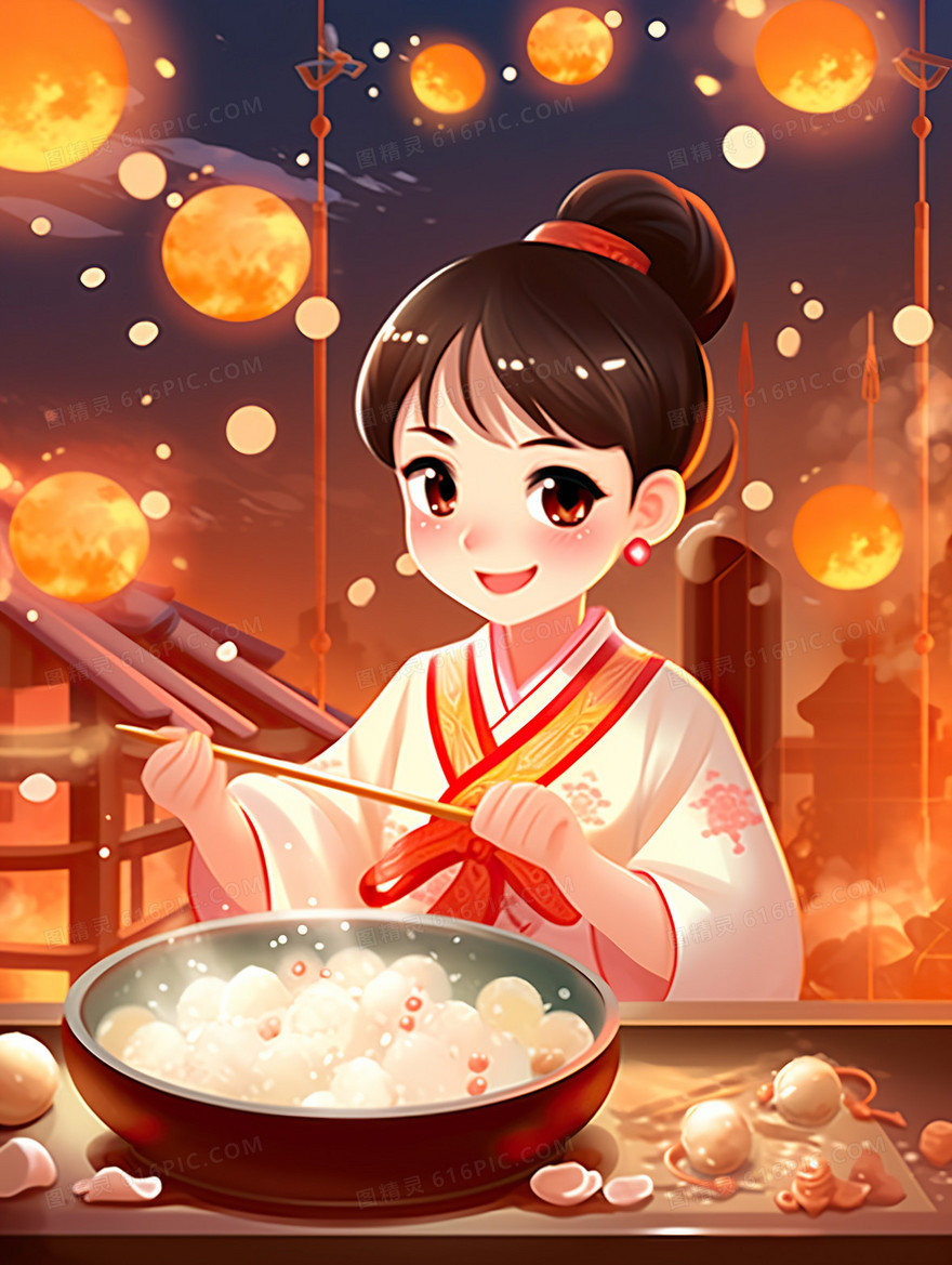 2024新年喜庆中国风元宵节小女孩做汤圆插画