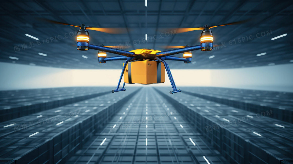 货柜仓库里飞行的无人机创意图片