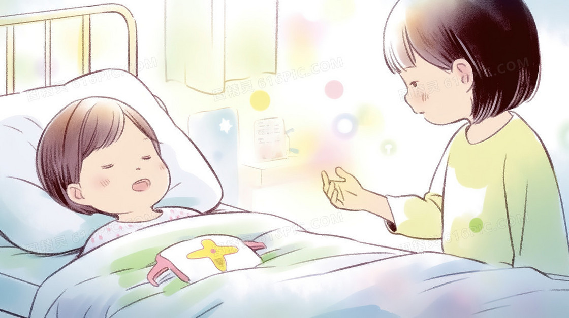 照顾病床上儿童的少年插画