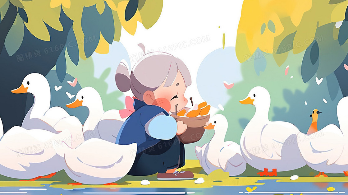 森林里喂养鸭群的女士插画