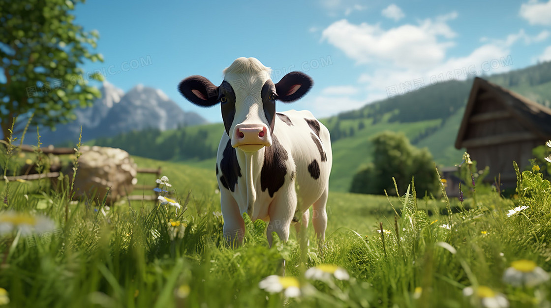 绿色草原上的白色奶牛风景图片