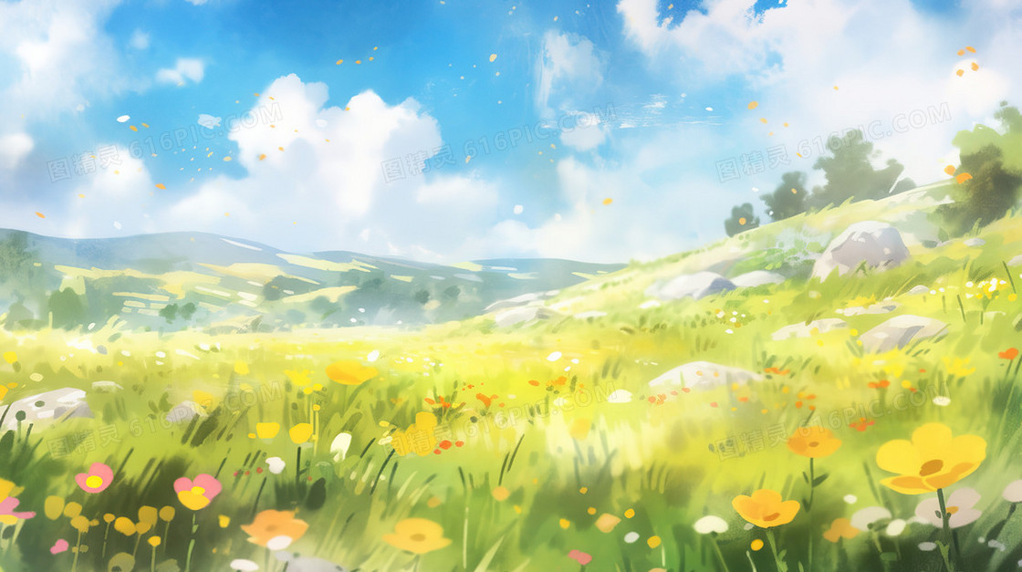 春季蓝天下的山野草地插画