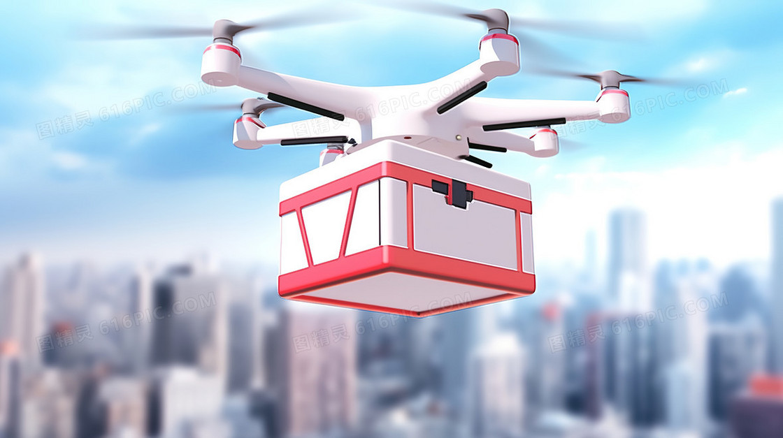 城市上空的无人机3D插画