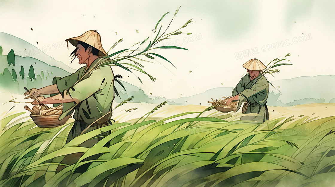 成熟稻田里收割的农夫插画